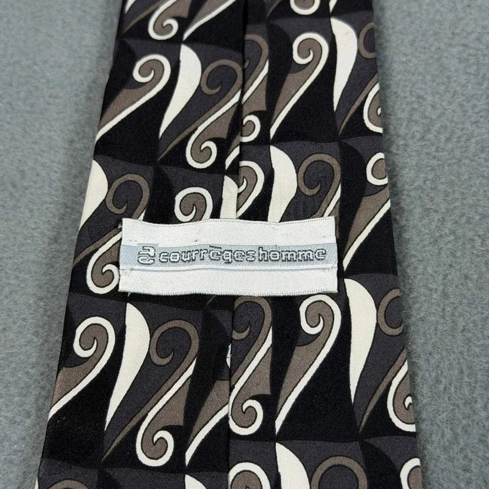 Courreges‎ Homme Mens Silk Necktie Black Grey White Geometric Swirl Italian Silk
